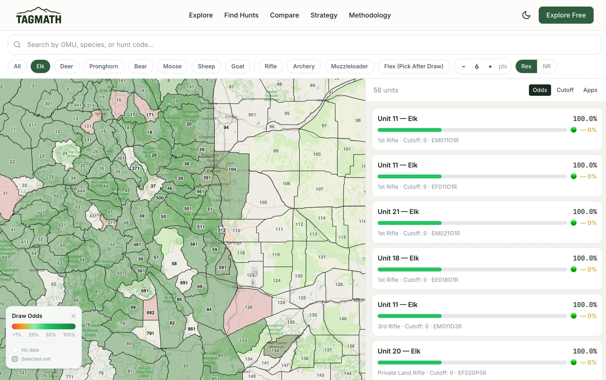 TagMath interactive map showing Colorado GMU boundaries color-coded by elk draw odds